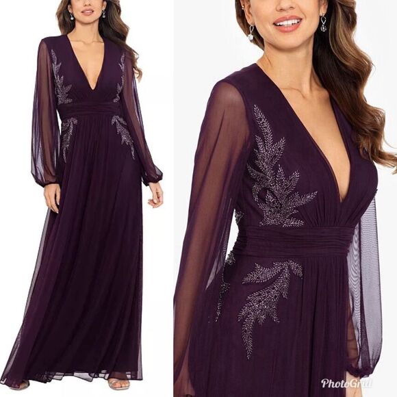 Revolve Betsy & Adam Kylie V-Neck Embroidered Chiffon Gown in Plum Purple - Picture 3 of 12